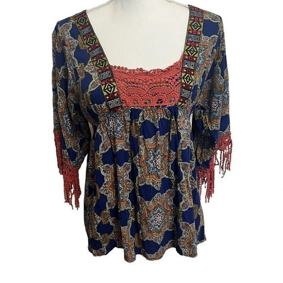 Live and Let Live Boho Women's Top Petite Large Blue Paisley Crochet Detail - Picture 1 of 12